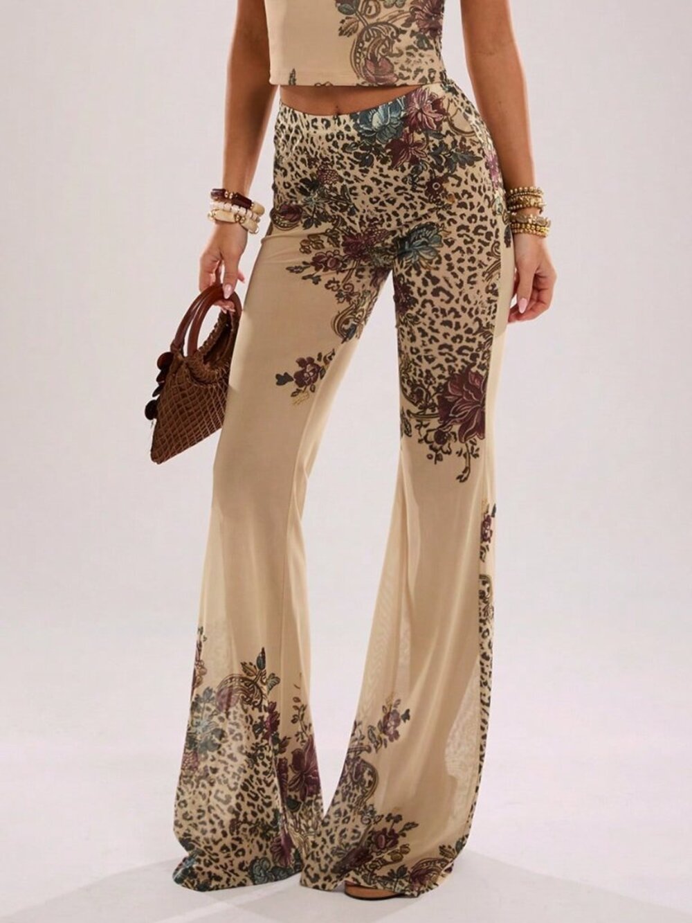 Yellow Elegant Women's Low Waist Mesh Pattern Print Flare Pants - Picture 7 of 7